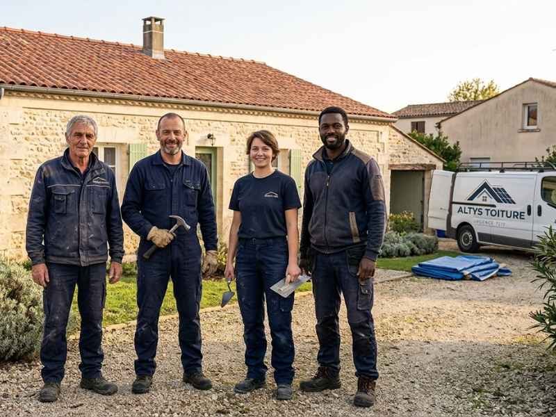 L’équipe d’Altys Toiture Libourne devant son fourgon, outils à la main, après une intervention en Gironde