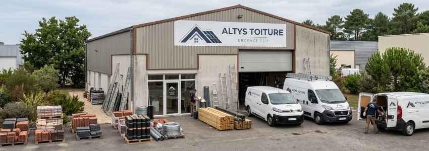 Le local d’Altys Toiture Libourne : entrepôt logoté, fourgons, échelles et stock de tuiles et de liteaux
